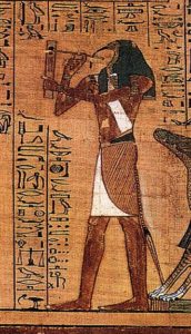 Thot als Schreiber, der notiert was Anubis diktiert